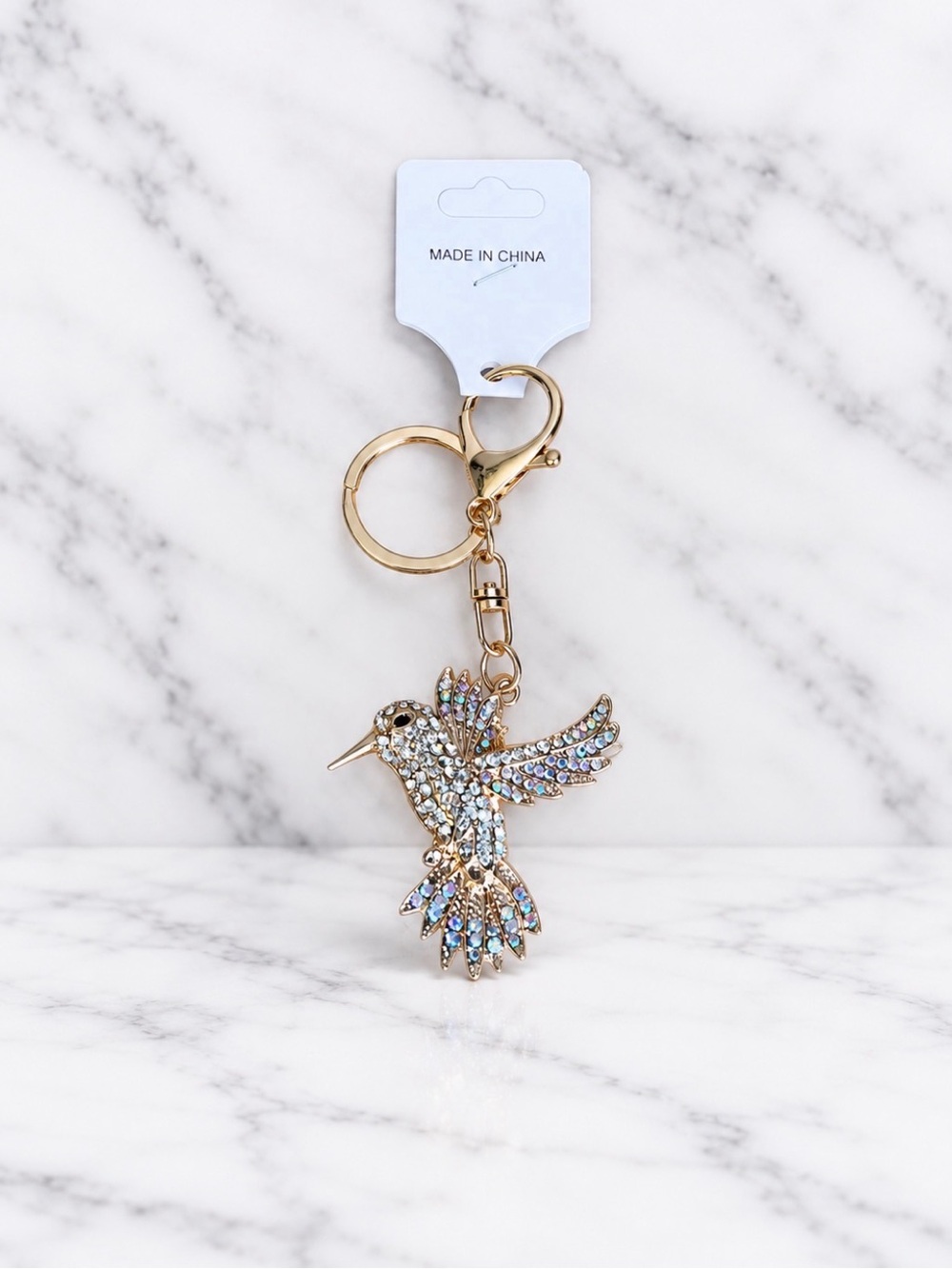 Sparkling Hummingbird Bag Charm/Keyring-White Rhinestones On Gold Hardware